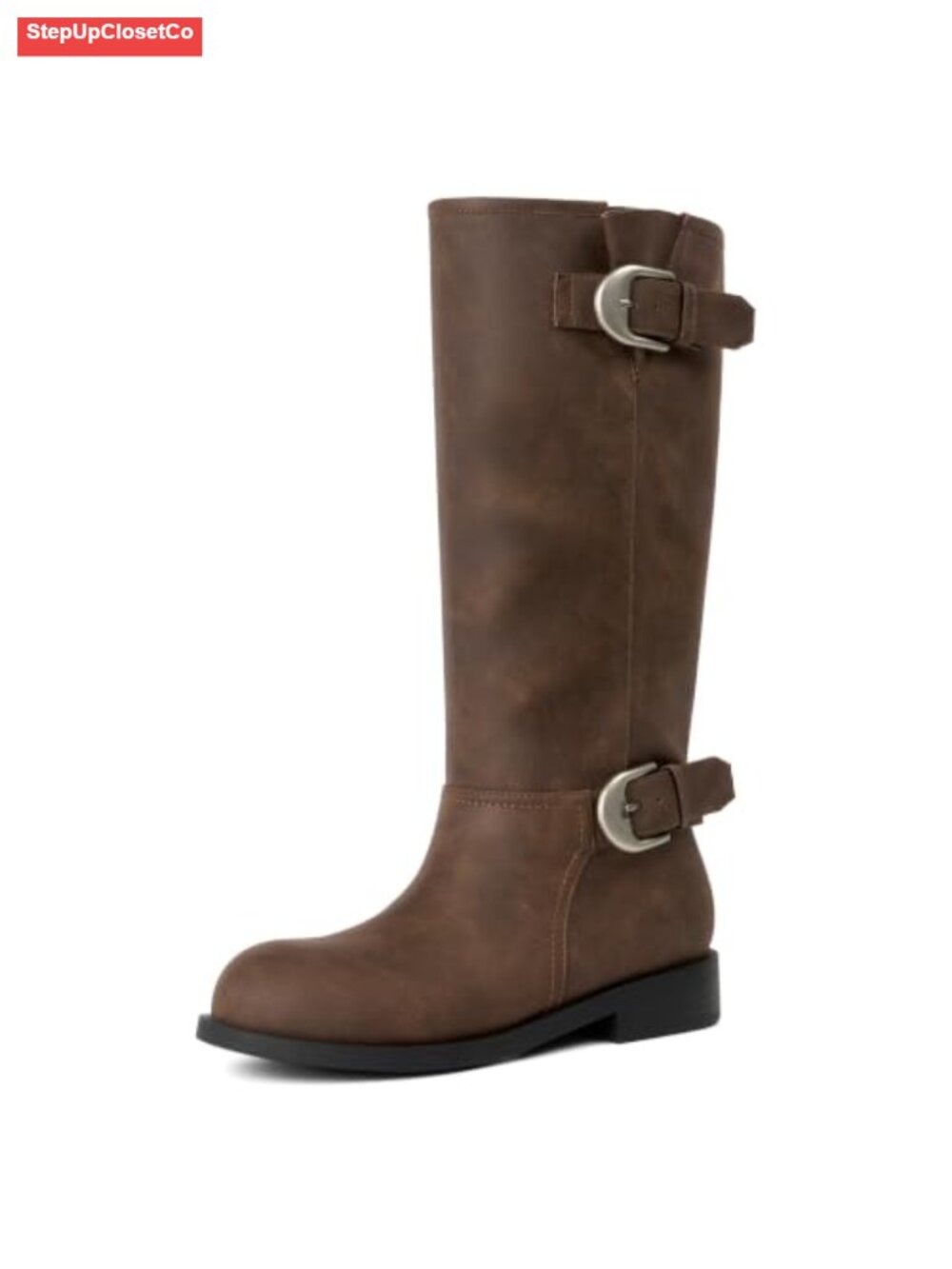 Women's Knee High Boots Low Block Heel Slouchy Dual Buckle Faux Leather